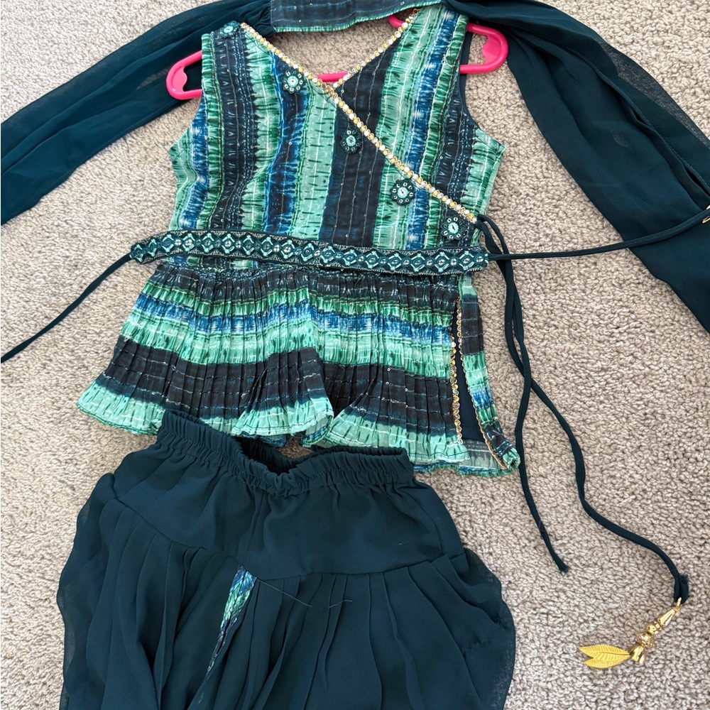 Green and Blue Striped Sleeveless Top and Pants Set